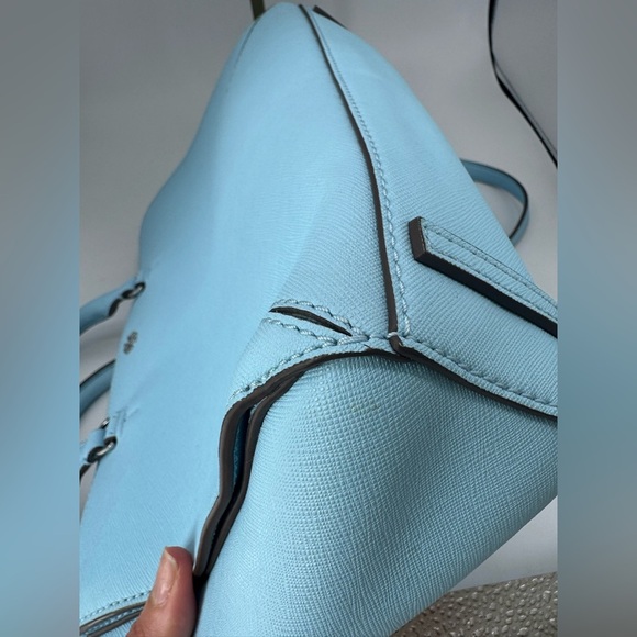 Tory Burch Baby Blue Leather Robinson Tote Two Way Silver Hardware Polo Scarf - Picture 12 of 17